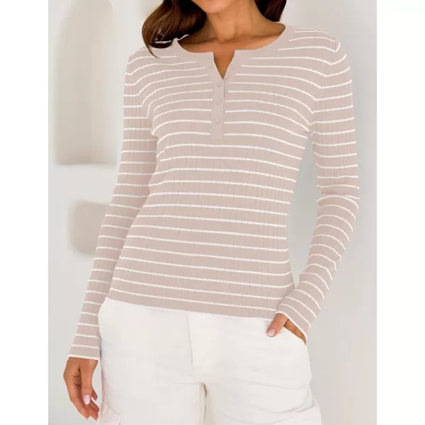 ZESICA Womens Long Sleeve Striped Shirts V Neck Button Up Sweater Casual Loose Basic Tops 2024 Trendy Fall ClothesSand