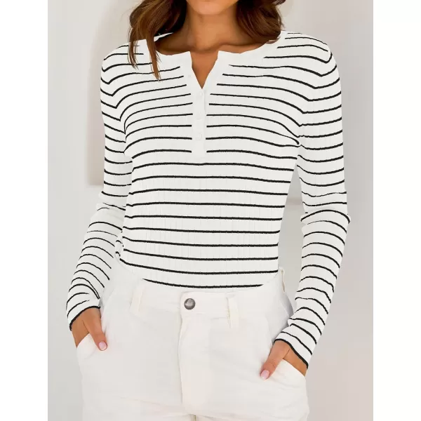 ZESICA Womens Long Sleeve Striped Shirts V Neck Button Up Sweater Casual Loose Basic Tops 2024 Trendy Fall ClothesWhite