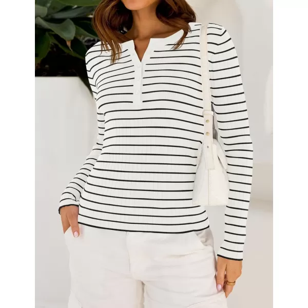 ZESICA Womens Long Sleeve Striped Shirts V Neck Button Up Sweater Casual Loose Basic Tops 2024 Trendy Fall ClothesWhite