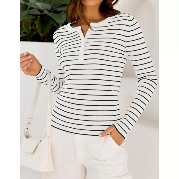 ZESICA Womens Long Sleeve Striped Shirts V Neck Button Up Sweater Casual Loose Basic Tops 2024 Trendy Fall ClothesWhite