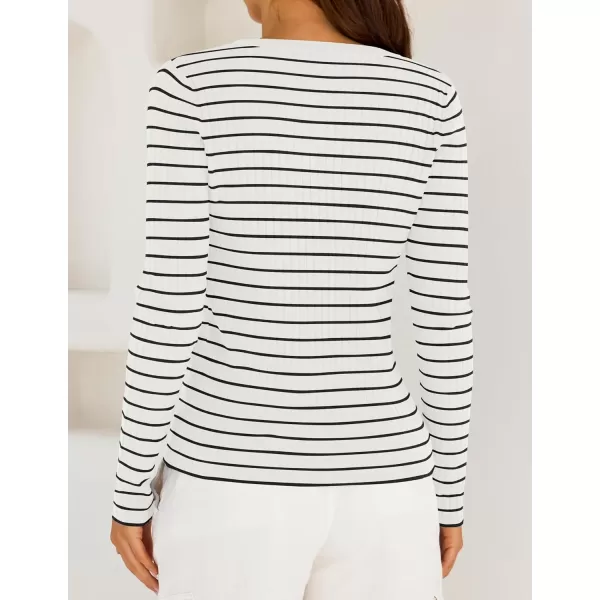 ZESICA Womens Long Sleeve Striped Shirts V Neck Button Up Sweater Casual Loose Basic Tops 2024 Trendy Fall ClothesWhite