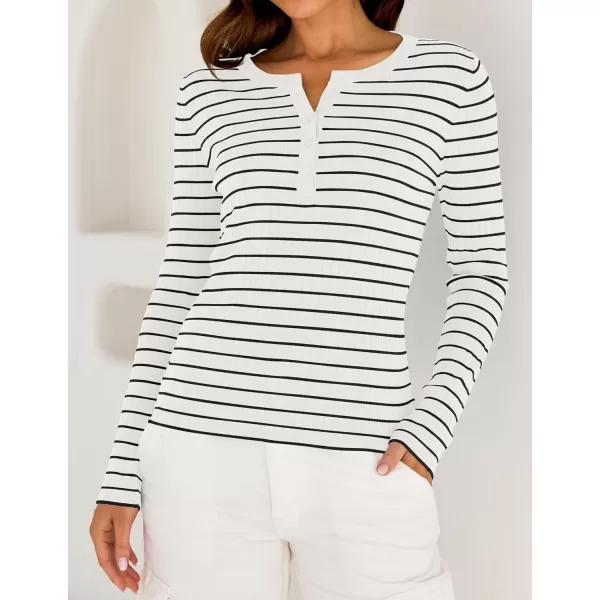 ZESICA Womens Long Sleeve Striped Shirts V Neck Button Up Sweater Casual Loose Basic Tops 2024 Trendy Fall ClothesWhite
