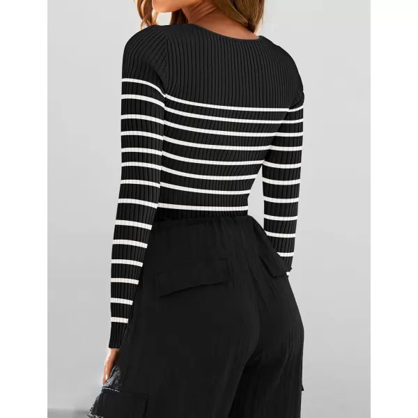 ZESICA Womens Ribbed Long Sleeve Sweater Square Neck Knit Tops 2024 Fall Casual Striped PulloverBlack
