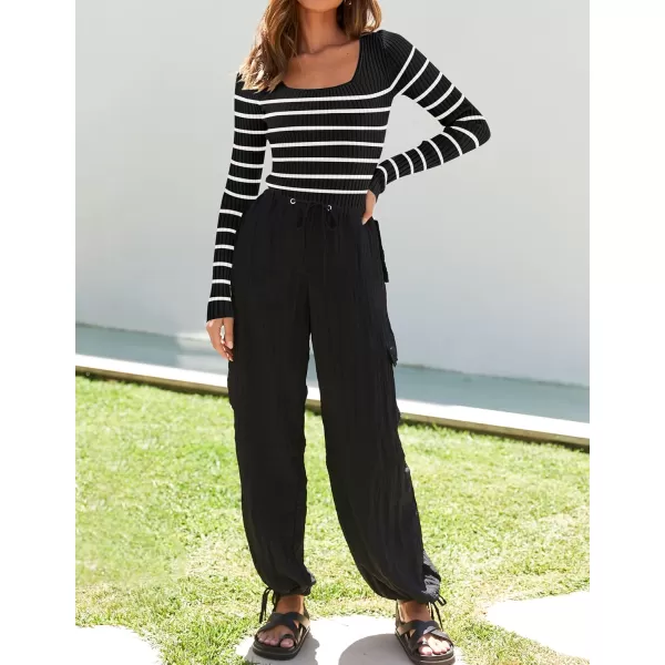 ZESICA Womens Ribbed Long Sleeve Sweater Square Neck Knit Tops 2024 Fall Casual Striped PulloverBlack