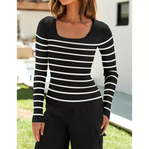 ZESICA Womens Ribbed Long Sleeve Sweater Square Neck Knit Tops 2024 Fall Casual Striped PulloverBlack