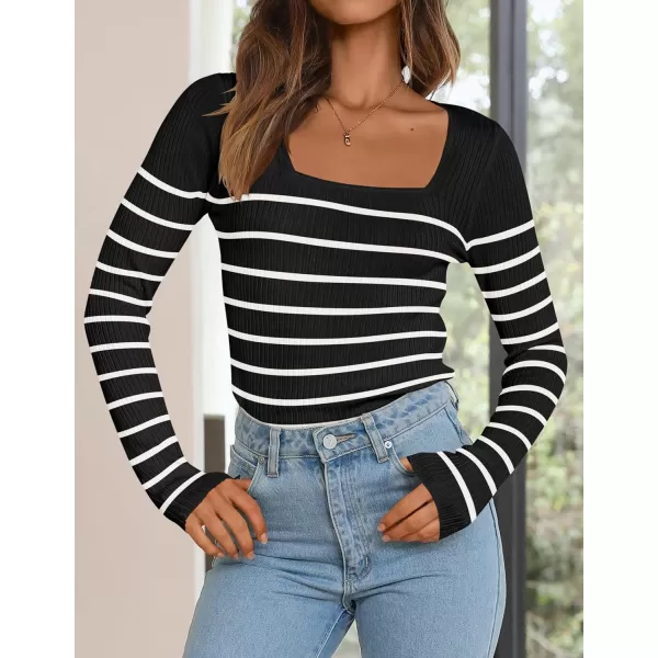 ZESICA Womens Ribbed Long Sleeve Sweater Square Neck Knit Tops 2024 Fall Casual Striped PulloverBlack