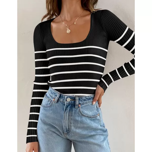 ZESICA Womens Ribbed Long Sleeve Sweater Square Neck Knit Tops 2024 Fall Casual Striped PulloverBlack