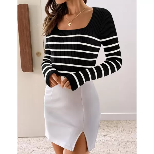 ZESICA Womens Ribbed Long Sleeve Sweater Square Neck Knit Tops 2024 Fall Casual Striped PulloverBlack