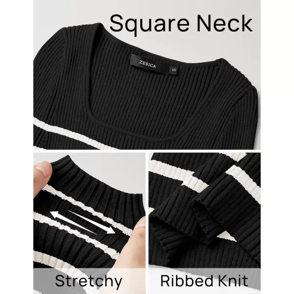 ZESICA Womens Ribbed Long Sleeve Sweater Square Neck Knit Tops 2024 Fall Casual Striped PulloverBlack