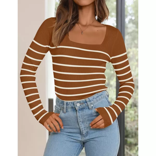 ZESICA Womens Ribbed Long Sleeve Sweater Square Neck Knit Tops 2024 Fall Casual Striped PulloverBrown