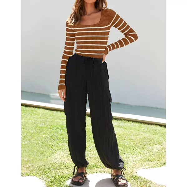 ZESICA Womens Ribbed Long Sleeve Sweater Square Neck Knit Tops 2024 Fall Casual Striped PulloverBrown