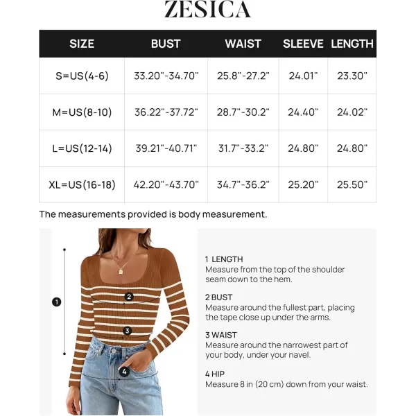 ZESICA Womens Ribbed Long Sleeve Sweater Square Neck Knit Tops 2024 Fall Casual Striped PulloverBrown