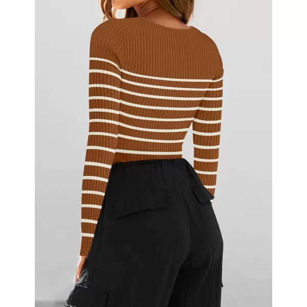 ZESICA Womens Ribbed Long Sleeve Sweater Square Neck Knit Tops 2024 Fall Casual Striped PulloverBrown