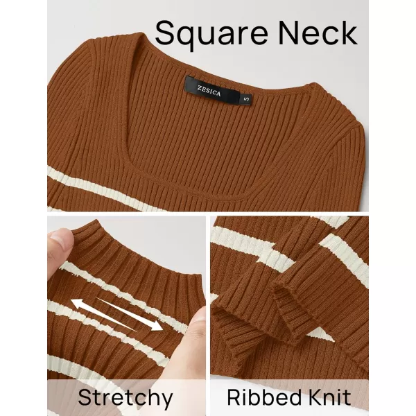 ZESICA Womens Ribbed Long Sleeve Sweater Square Neck Knit Tops 2024 Fall Casual Striped PulloverBrown