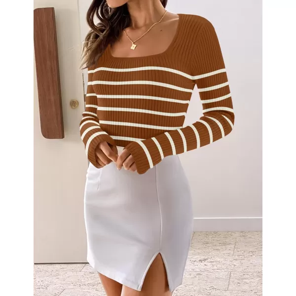 ZESICA Womens Ribbed Long Sleeve Sweater Square Neck Knit Tops 2024 Fall Casual Striped PulloverBrown
