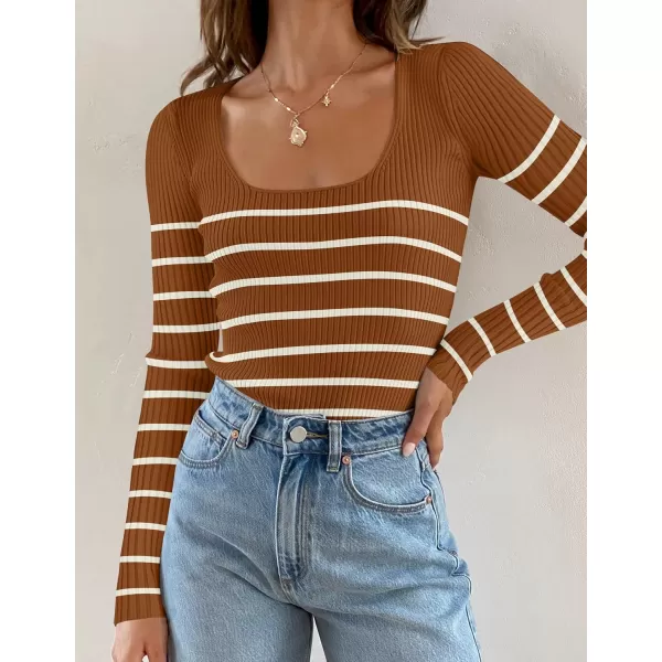ZESICA Womens Ribbed Long Sleeve Sweater Square Neck Knit Tops 2024 Fall Casual Striped PulloverBrown
