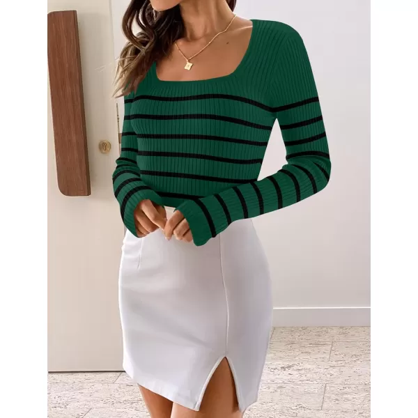ZESICA Womens Ribbed Long Sleeve Sweater Square Neck Knit Tops 2024 Fall Casual Striped PulloverDark Green