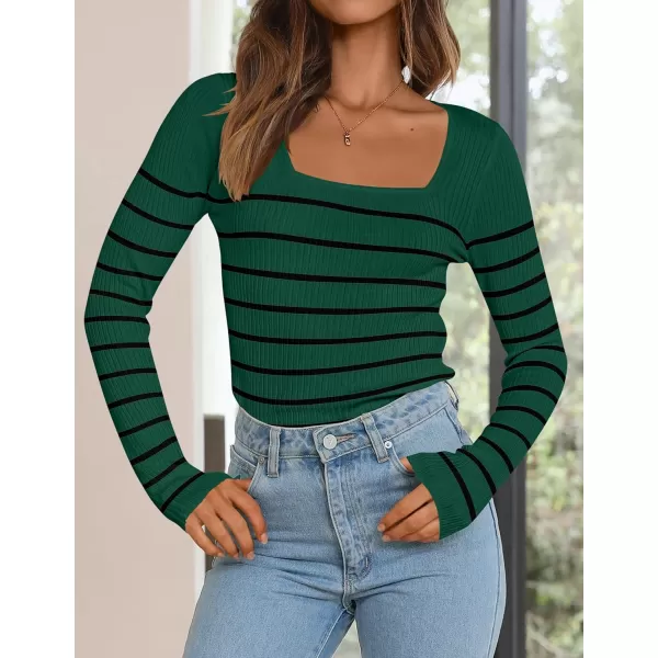 ZESICA Womens Ribbed Long Sleeve Sweater Square Neck Knit Tops 2024 Fall Casual Striped PulloverDark Green