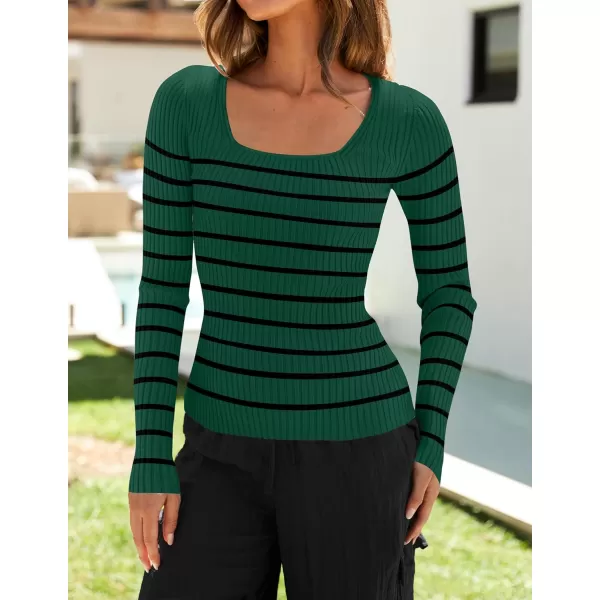 ZESICA Womens Ribbed Long Sleeve Sweater Square Neck Knit Tops 2024 Fall Casual Striped PulloverDark Green