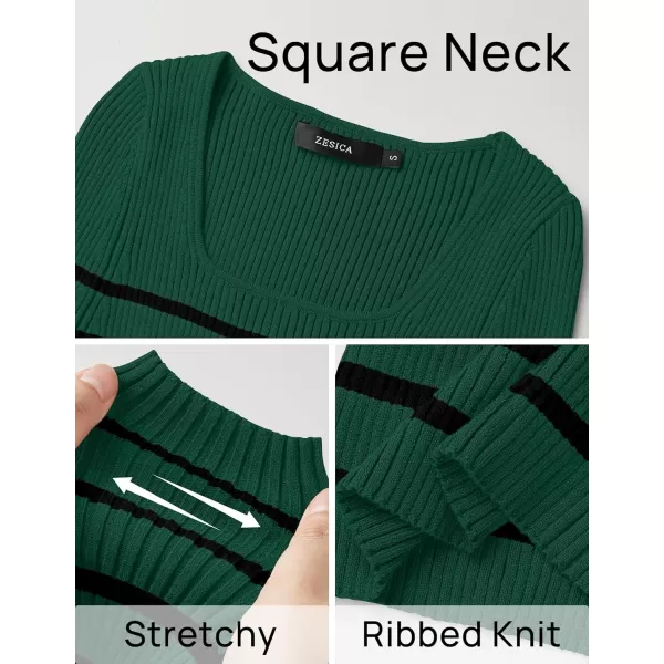 ZESICA Womens Ribbed Long Sleeve Sweater Square Neck Knit Tops 2024 Fall Casual Striped PulloverDark Green