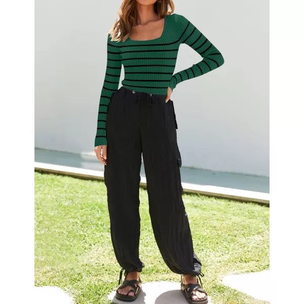 ZESICA Womens Ribbed Long Sleeve Sweater Square Neck Knit Tops 2024 Fall Casual Striped PulloverDark Green