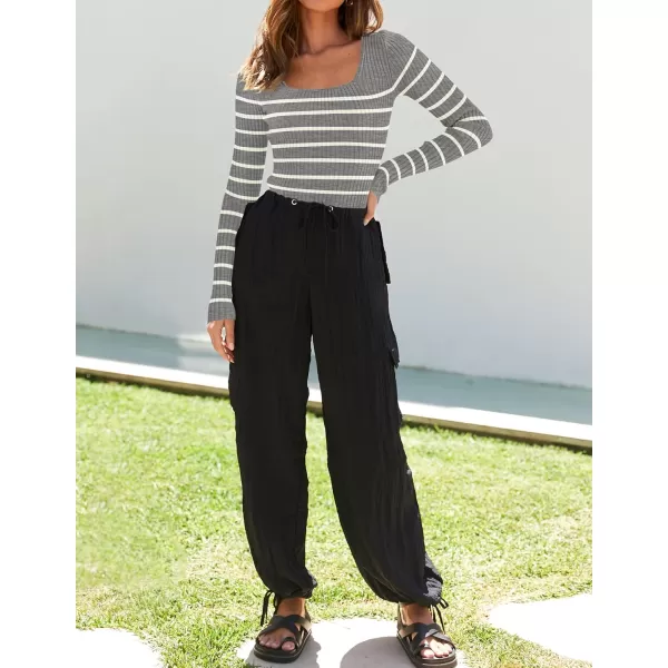 ZESICA Womens Ribbed Long Sleeve Sweater Square Neck Knit Tops 2024 Fall Casual Striped PulloverGrey