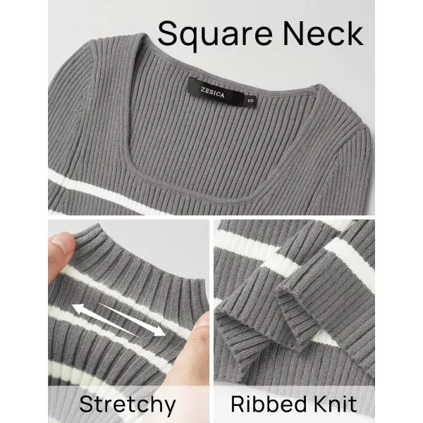 ZESICA Womens Ribbed Long Sleeve Sweater Square Neck Knit Tops 2024 Fall Casual Striped PulloverGrey