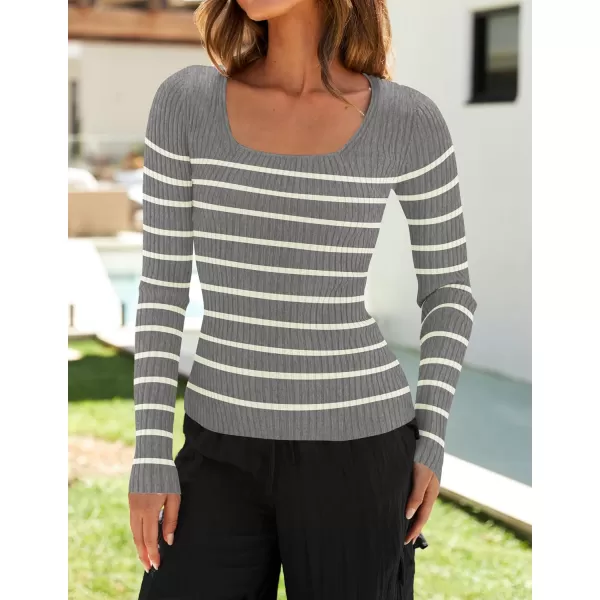 ZESICA Womens Ribbed Long Sleeve Sweater Square Neck Knit Tops 2024 Fall Casual Striped PulloverGrey