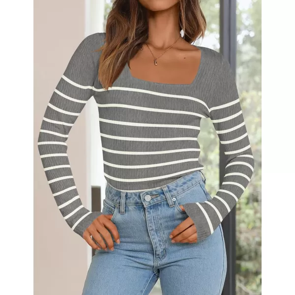 ZESICA Womens Ribbed Long Sleeve Sweater Square Neck Knit Tops 2024 Fall Casual Striped PulloverGrey