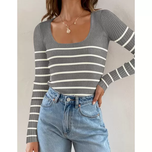 ZESICA Womens Ribbed Long Sleeve Sweater Square Neck Knit Tops 2024 Fall Casual Striped PulloverGrey