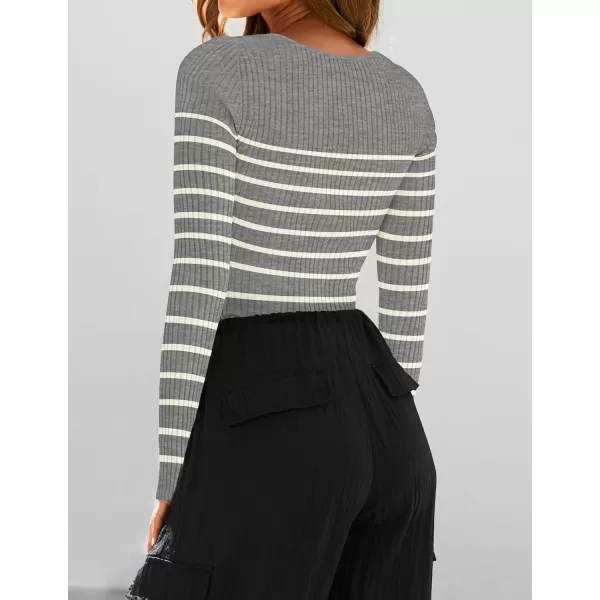 ZESICA Womens Ribbed Long Sleeve Sweater Square Neck Knit Tops 2024 Fall Casual Striped PulloverGrey