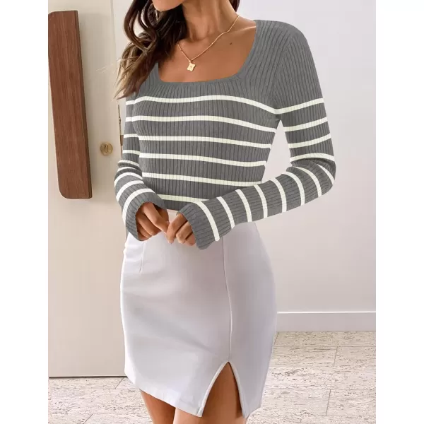 ZESICA Womens Ribbed Long Sleeve Sweater Square Neck Knit Tops 2024 Fall Casual Striped PulloverGrey