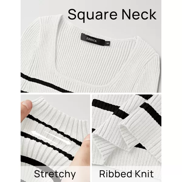 ZESICA Womens Ribbed Long Sleeve Sweater Square Neck Knit Tops 2024 Fall Casual Striped PulloverWhite