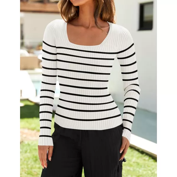 ZESICA Womens Ribbed Long Sleeve Sweater Square Neck Knit Tops 2024 Fall Casual Striped PulloverWhite