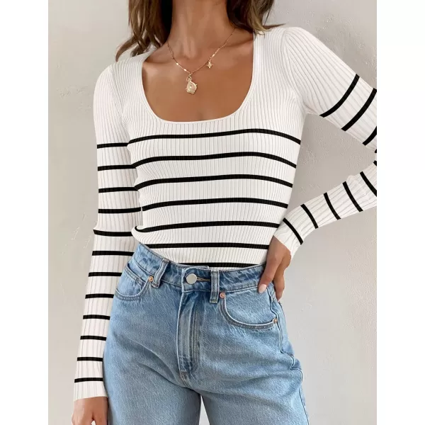 ZESICA Womens Ribbed Long Sleeve Sweater Square Neck Knit Tops 2024 Fall Casual Striped PulloverWhite