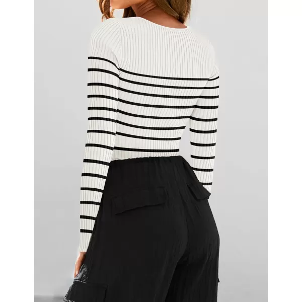 ZESICA Womens Ribbed Long Sleeve Sweater Square Neck Knit Tops 2024 Fall Casual Striped PulloverWhite