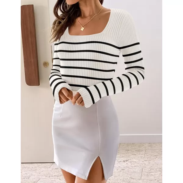 ZESICA Womens Ribbed Long Sleeve Sweater Square Neck Knit Tops 2024 Fall Casual Striped PulloverWhite
