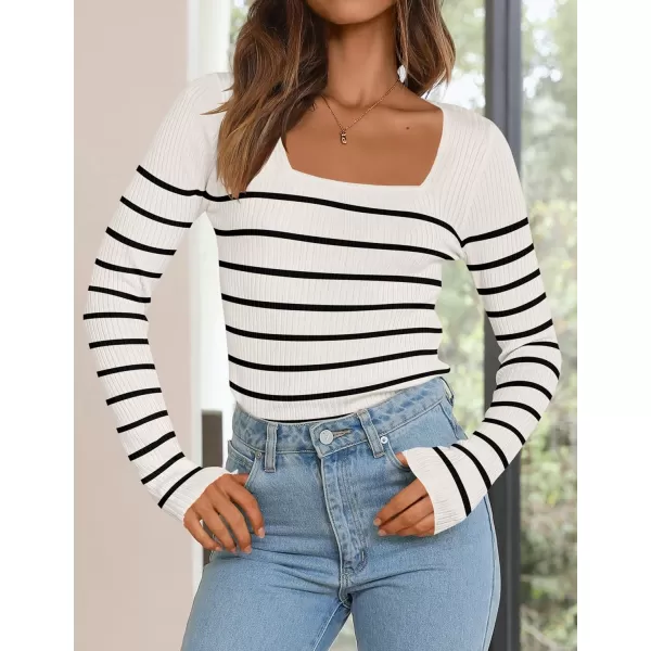 ZESICA Womens Ribbed Long Sleeve Sweater Square Neck Knit Tops 2024 Fall Casual Striped PulloverWhite
