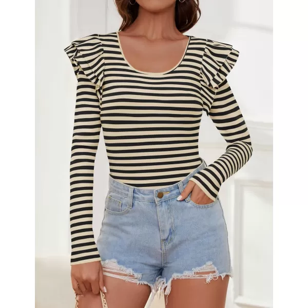 ZESICA Womens Ruffle Long Sleeve Scoop Neck Shirt Striped Slim Fitted Casual Basic Tee Tops 2024 Trendy Fall ClothesApricot