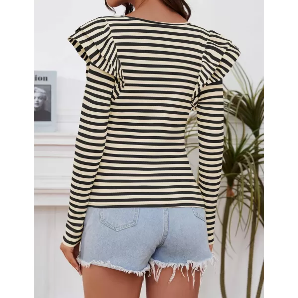 ZESICA Womens Ruffle Long Sleeve Scoop Neck Shirt Striped Slim Fitted Casual Basic Tee Tops 2024 Trendy Fall ClothesApricot