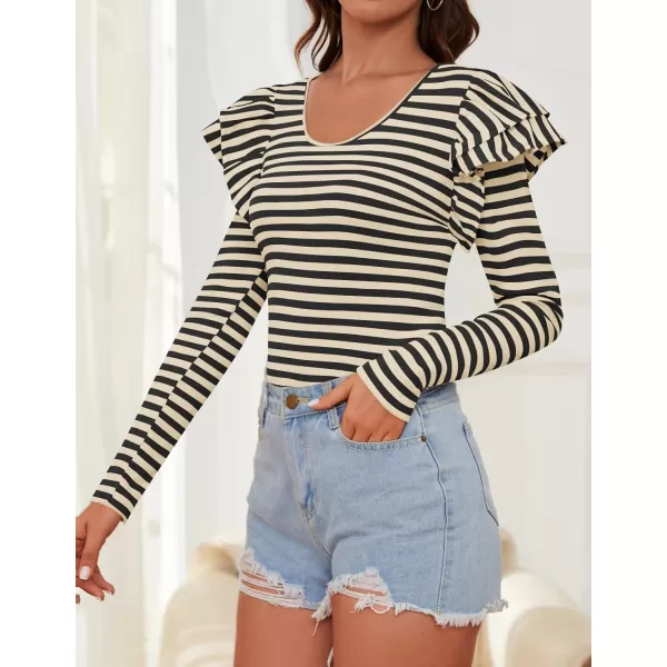 ZESICA Womens Ruffle Long Sleeve Scoop Neck Shirt Striped Slim Fitted Casual Basic Tee Tops 2024 Trendy Fall ClothesApricot