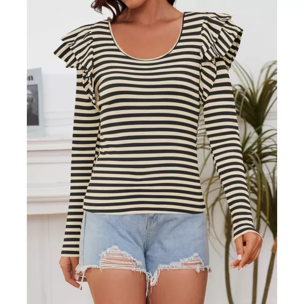 ZESICA Womens Ruffle Long Sleeve Scoop Neck Shirt Striped Slim Fitted Casual Basic Tee Tops 2024 Trendy Fall ClothesApricot