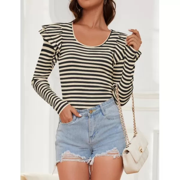 ZESICA Womens Ruffle Long Sleeve Scoop Neck Shirt Striped Slim Fitted Casual Basic Tee Tops 2024 Trendy Fall ClothesApricot