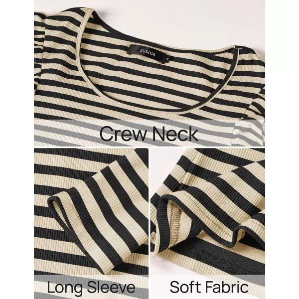ZESICA Womens Ruffle Long Sleeve Scoop Neck Shirt Striped Slim Fitted Casual Basic Tee Tops 2024 Trendy Fall ClothesApricot