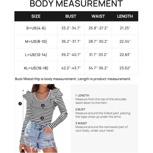 ZESICA Womens Ruffle Long Sleeve Scoop Neck Shirt Striped Slim Fitted Casual Basic Tee Tops 2024 Trendy Fall ClothesBlack