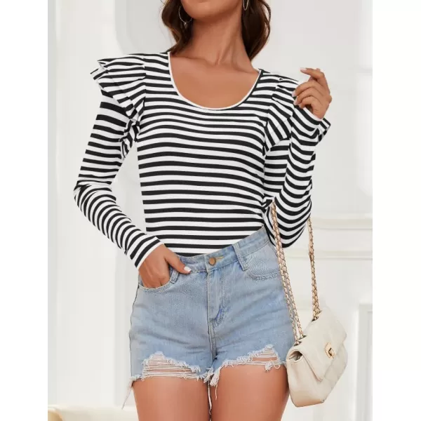 ZESICA Womens Ruffle Long Sleeve Scoop Neck Shirt Striped Slim Fitted Casual Basic Tee Tops 2024 Trendy Fall ClothesBlack