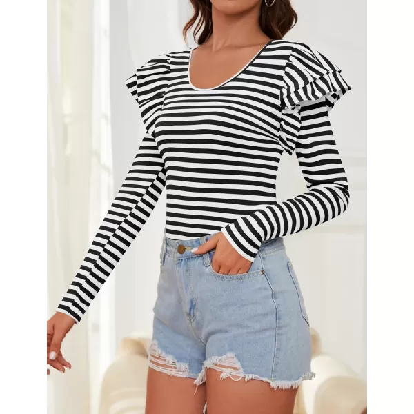 ZESICA Womens Ruffle Long Sleeve Scoop Neck Shirt Striped Slim Fitted Casual Basic Tee Tops 2024 Trendy Fall ClothesBlack