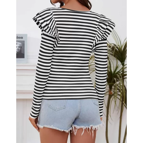 ZESICA Womens Ruffle Long Sleeve Scoop Neck Shirt Striped Slim Fitted Casual Basic Tee Tops 2024 Trendy Fall ClothesBlack