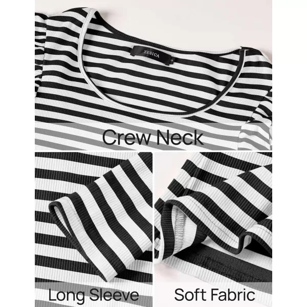ZESICA Womens Ruffle Long Sleeve Scoop Neck Shirt Striped Slim Fitted Casual Basic Tee Tops 2024 Trendy Fall ClothesBlack