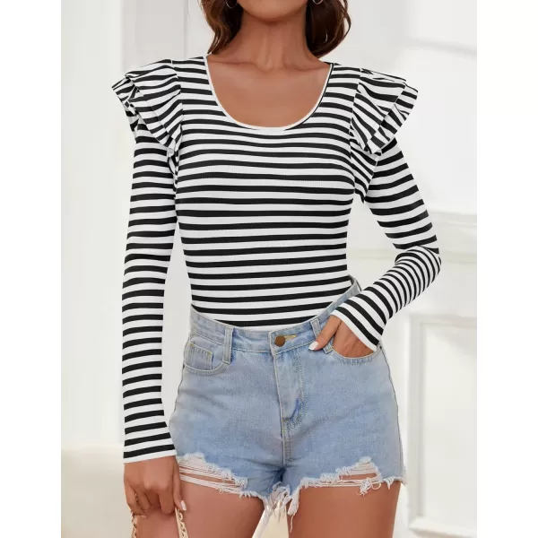 ZESICA Womens Ruffle Long Sleeve Scoop Neck Shirt Striped Slim Fitted Casual Basic Tee Tops 2024 Trendy Fall ClothesBlack